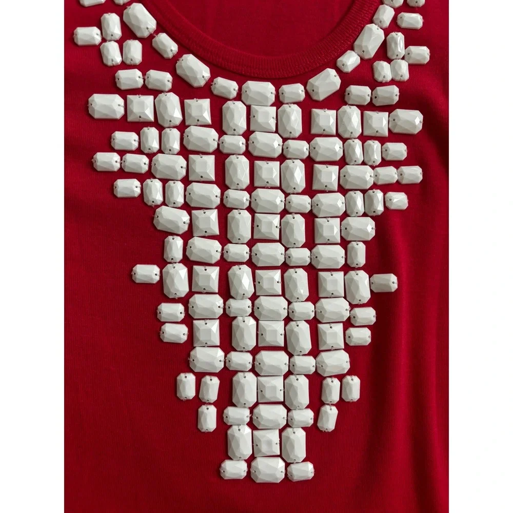 Tory Burch Tank Top Small Red White Beaded Bib Embellished Cotton Sleeveless